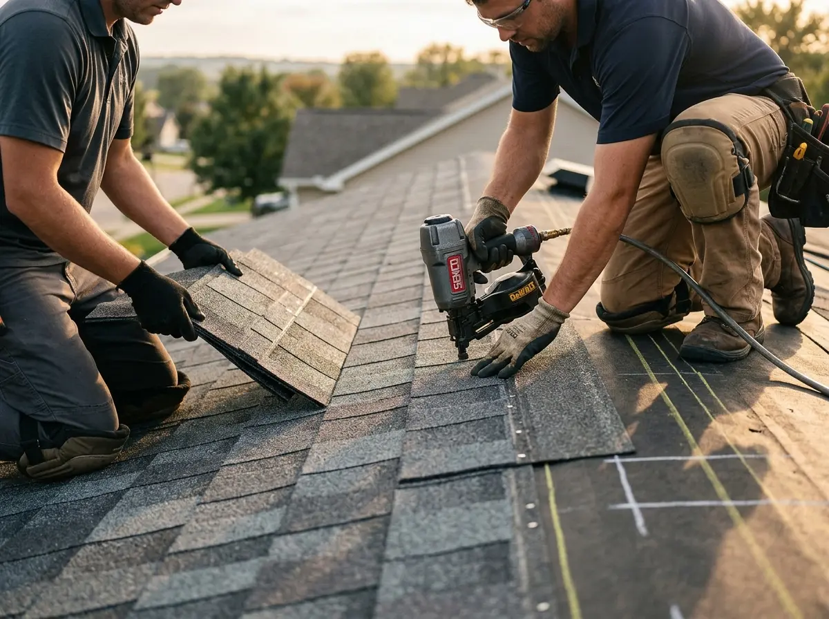 Professional roofer working on a residential roof in Halls
